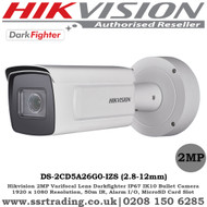 Hikvision 2MP 2.8-12mm Motor-Driven Lens 50m IR Darkfighter,  Alarm I/O, IP67, IK10 Built-in microSD/SDHC/SDXC card slot, up to 256 GB IP Network Bullet Camera - (DS-2CD5A26G0-IZS)