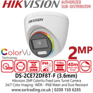 DS-2CE72DF8T-F Hikvision 2MP ColorVu Turret TVI Camera with 3.6mm Fixed Lens, 40m White Light Distance, 130 dB True WDR
