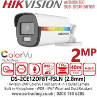 DS-2CE12DF8T-FSLN Hikvision 2MP ColorVu Audio Bullet TVI Camera with 2.8mm Fixed Lens, Built in Microphone, 40m White Light Distance, 130 dB True WDR