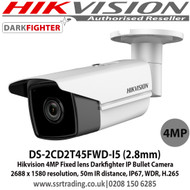 Hikvision DS-2CD2T45FWD-I5 4MP 2.8mm fixed lens 50m IR IP67 WDR Darkfighter MicroSD Card Slot Supports 128 GB Network Bullet camera with IR 