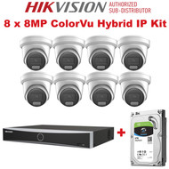 Budget Kit, Latest Hikvision Hybrid Kit, IP PoE Value For Money Kit, Hikvision 8Ch NVR Kit With 8 x 8 Megapixel ColorVu Hybrid IP CCTV Cameras Kit DS-2CD2387G2H-LIU, NVR DS-7608NXI-K1/8P with 4TB Seagate SkyHawk Hard Drive