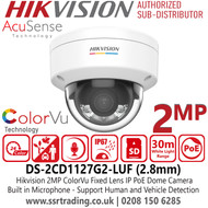 Hikvision DS-2CD1127G2-LUF 2MP AcuSense ColorVu IP Dome Camera With 2.8mm Fixed Lens, Built in Microphone