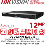 Hikvision 8 Channel 12 MP AcuSense 4K 8 PoE NVR With 2 SATA Interfaces, H.265+ Compression, HDMI and VGA Output Provided, Gigabit Ethernet Network Interface - DS-7608NXI-I2/8P/4S 