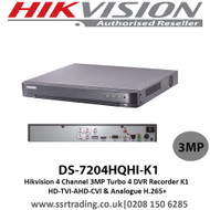 Hikvision DS-7204HQHI-K1 4Channel 3MP Turbo 4 DVR Recorder K1 HD-TVI-AHD-CVI & Analogue 