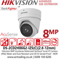 Hikvision 8MP 4K Acusense Darkfighter 2.8-12mm Motorized Varifocal Latest CCTV IP Turret Camera With H.265+ compression, (IP66) Water and Dust Resistant and (IK10) Vandal Proof - DS-2CD2H86G2-IZS(C)