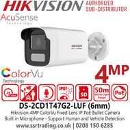 Hikvision DS-2CD1T47G2-LUF 4MP AcuSense ColorVu IP PoE Bullet Camera with 6mm Fixed Lens, Built in Microphone