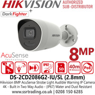 DS-2CD2086G2-IU/SL Hikvision 8MP DarkFighter AcuSense IP Bullet Camera With 2.8mm Fixed Focal Lens, Built in Two Way Audio