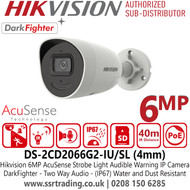 Hikvision 6MP AcuSense DarkFighter Latest CCTV IP PoE Bullet Camera With 4mm Fixed Focal Lens, Built in Two Way Audio, 120 dB True WDR, 40m IR Distance, H.265+ Compression, (IP67) Water and Dust Resistant - DS-2CD2066G2-IU/SL(4mm)