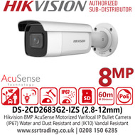 Hikvision 8MP AcuSense Motorized Varifocal Latest IP Bullet Camera With H.265+ Compression, 120 dB true WDR, (IP67) Water and Dust Resistant and (IK10) Vandal Resistant, 60m IR Range - DS-2CD2683G2-IZS(2.8-12mm)