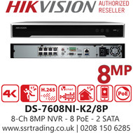 Hikvision 8 Channel 8MP 8x PoE 2 SATA 4K 4Ch NVR DS-7608NI-K2/8P
