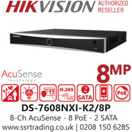 Hikvison 8Ch Acusense 8x PoE 2 SATA 4K NVR - DS-7608NXI-K2/8P