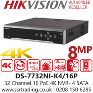 Hikvision 32 Channel 16x PoE 4 SATA 8MP NVR DS-7732NI-K4/16P