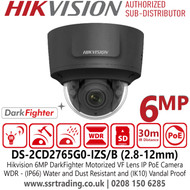 Hikvision 6MP DarkFighter Motorized Varifocal Lens IP Black Dome Camera With H.265+ Compression, Water and Dust Resistant (IP66) and Vandal Proof (IK10) - DS-2CD2765G0-IZS(2.8-12mm)