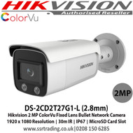 Hikvision DS-2CD2T27G1-L 2MP 2.8mm Fixed Lens 30m IR 24/7 full time color IP67 WDR ColorVu Network Bullet Camera - Built-in micro SD/SDHC/SDXC slot 