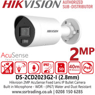Hikvision 2MP AcuSense Latest IP Bullet Camera With 2.8mm Fixed Lens, Built in Microphone, WDR, Water and Dust Resistant (IP67), H.265+ Compression - DS-2CD2023G2-I(2.8mm)
