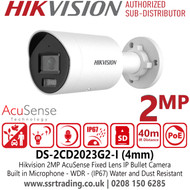 Hikvision 2MP AcuSense IP Bullet Camera With 4mm Fixed Lens, Built in Microphone, Water and Dust Resistant (IP67), H.265+ Compression - DS-2CD2023G2-I(4mm)