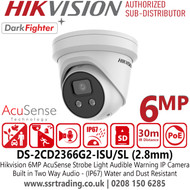 Hikvision 6MP DarkFighter AcuSense Strobe Light and Audible Warning IP Turret Camera With 2.8mm Fixed Lens, Built in Two Way Audio, Water and Dust Resistant (IP67) - DS-2CD2366G2-ISU/SL(2.8mm)