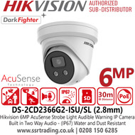 Hikvision 6MP DarkFighter AcuSense Strobe Light and Audible Warning Latest IP Turret Camera With 2.8mm Fixed Lens, Built in Two Way Audio, Water and Dust Resistant (IP67), H.265+ Compression, WDR - DS-2CD2366G2-ISU/SL(2.8mm)