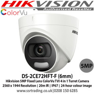 Hikvision DS-2CE72HFT-F(6mm) 5MP 6mm fixed lens 20m white light distance ColourVu full time colour IP67 130dB WDR TVI AHD Turret Camera