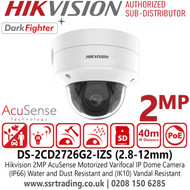 Hikvision 2MP AcuSense DarkFighter IP Dome Camera With 2.8-12mm Varifocal Lens, Water and Dust Resistant (IP66) and Vandal Resistant (IK10) - DS-2CD2726G2-IZS(2.8-12mm)