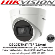 Hikvision DS-2CE78H8T-IT3F  5MP 2.8mm Fixed lens Ultra low light Up to 60m IR Distance IP67 Weatherproof TVI/ CVI/ AHD Turret Camera 