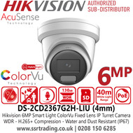 Hikvision DS-2CD2367G2H-LIU 6MP AcuSense Smart Light IP Turret Camera With 4mm Fixed Lens, Built in Microphone