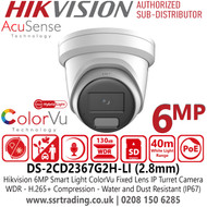 DS-2CD2367G2H-LI Hikvision 6MP AcuSense Smart Hybrid Light ColorVu IP Turret Camera With 2.8mm Fixed Lens, Built in Microphone