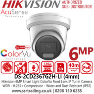 DS-2CD2367G2H-LI Hikvision 6MP AcuSense Smart Hybrid Light ColorVu IP Turret Camera With 4mm Fixed Lens, Built in Microphone