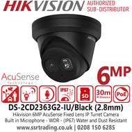Hikvision 6MP AcuSense Audio Black IP Turret Camera with 2.8mm Fixed Lens, 30m IR Range, Built in Microphone - DS-2CD2363G2-IU/Black(2.8mm)