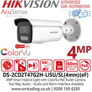 Hikvision 4MP smart hybrid light CCTV PoE camera, Audio and alarm interface available, Provide real-time security via built-in two-way audio, Support on-board storage up to 512 GB (SD card slot) - DS-2CD2T47G2H-LISU/SL(4mm) 