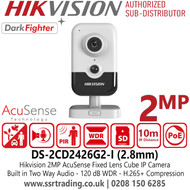 Hikvision 2MP AcuSense Cube IP PoE Camera with 2.8mm Fixed Lens, 10m IR Range, Two Way Audio, DarkFighter Technology- DS-2CD2426G2-I (2.8mm)