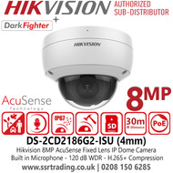 Hikvision 8MP 4mm AcuSense PoE Vandal Dome Camera - DS-2CD2186G2-ISU (4mm)