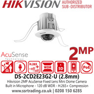Hikvision DS-2CD2E23G2-U (2.8mm) 2MP AcuSense In-Ceiling Mini Dome IP PoE Camera with 2.8mm Fixed Lens, Built in Microphone, WDR 