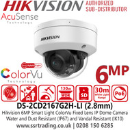 Hikvision DS-2CD2167G2H-LI 6MP AcuSense Smart Hybrid Light ColorVu IP Dome Camera With 2.8mm Fixed Lens, H.265+ compression