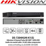 Hikvision DS-7204HUHI-K1(S) 4 Channel Turbo HD DVR 5MP 1 SATA Audio via coaxial cable H.265 video compression HDTVI/AHD/CVI/CVBS/IP video input