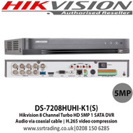 Hikvision DS-7208HUHI-K1(S) 8 Channel Turbo HD DVR 5MP 1 SATA Audio via coaxial cable H.265 video compression HDTVI/AHD/CVI/CVBS/IP video input 