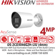 DS-2CD3046G2H-LIU Hikvision 4MP AcuSense IP PoE Bullet Camera With 4mm Fixed Lens, Built in Microphone