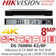 Hikvision DS-7608NI-K2/8P 8 Channel 8MP 4k NVR 8 PoE H.265+ up to 12TB