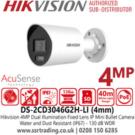 Hikvision 4MP AcuSense Dual Illumination IP Bullet Camera With 4mm Fixed Lens, Smart Dual Light, 130 dB WDR, H.265+ Compression - DS-2CD3046G2H-LI(4mm)