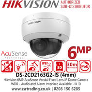 Hikvision DS-2CD2163G2-IS 6MP AcuSense Vandal IP Dome Camera With 4mm Fixed Lens, Audio and Alarm Interface Available, Water and Dust Resistant (IP67) and Vandal Resistant (IK10)