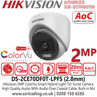Hikvision DS-2CE70DF0T-LPFS 2MP Smart Hybrid Light ColorVu TVI Turret Camera With 2.8mm Fixed Lens, Built in Mic, 20m White Light Distance