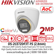 Hikvision DS-2CE72DF3T-FS 2MP ColorVu Audio TVI Turret Camera With 2.8mm Fixed Lens, Built in Mic, 130 dB True WDR