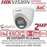 Hikvision DS-2CE72DF3T-FS 2MP ColorVu Audio TVI Camera With 3.6mm Fixed Lens, Built in Mic, 40m White Light Distance