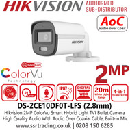 DS-2CE10DF0T-LFS Hikvision 2MP Smart Hybrid Light ColorVu TVI Bullet Camera With 2.8mm Fixed Lens, Built in Mic