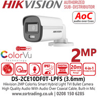 Hikvision DS-2CE10DF0T-LPFS 2MP Smart Hybrid Light ColorVu TVI Camera With 3.6mm Fixed Lens, Built in Mic, 20m White Light Distance, Water and Dust Resistant (IP67)