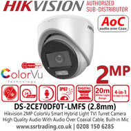 Hikvision DS-2CE70DF0T-LMFS 2MP Smart Hybrid Light ColorVu TVI Turret Camera With 2.8mm Fixed Lens, Built in Mic, 20m White Light