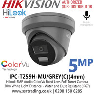 Hilook 5MP ColorVu PoE Turret Camera With 4mm Fixed Lens, Built in Microphone - IPC-T259H-MU/GREY(C)(4mm)