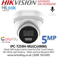 Hilook IPC-T259H-MU(C) 5MP Audio ColorVu PoE Turret Camera With 4mm Fixed Lens, Built in Microphone, H.265+ Compression, Water and Dust Resistant (IP67)