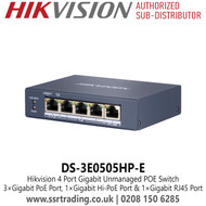 Hikvision DS-3E0505HP-E 4 Port Gigabit Unmanaged POE Switch, 3 × Gigabit PoE Port, 1 × Gigabit Hi-PoE Port and 1 × Gigabit RJ45 Port