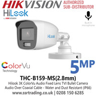 Hilook 3K ColorVu Latest Audio Bullet Camera With 2.8mm Fixed Lens, Audio Over Coaxial Cable, One Port For Four Switchable Signals (TVI/AHD/CVI/CVBS), Water and Dust Resistant (IP66) - THC-B159-MS(2.8mm)